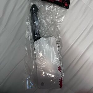 Silver and Black Toy Cleaver Fake Costume Blade with fake blood on it